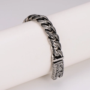 Retro punk hip-hop totem bracelet with engraved charms and vintage silver finish