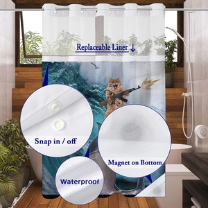 Detail of waterproof shower curtain with snap-off replaceable liner and bottom magnets