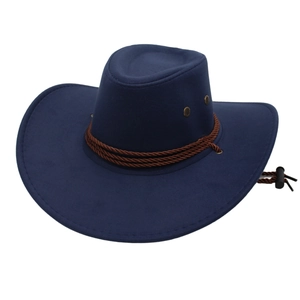 Classic dark blue felt western cowboy hat with brown braided rope and adjustable chin strap