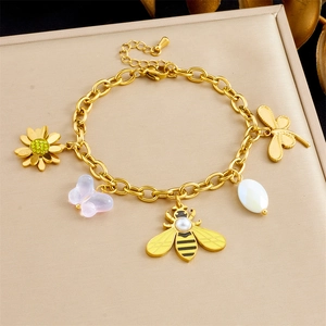 Stainless Steel Gold Plated Bracelet With Bee Butterfly Flower Dragonfly Pendants And Faux Artificial Pearl Nature Style