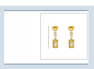 Detail view of gold stainless steel pearl earrings with zircon and size specifications