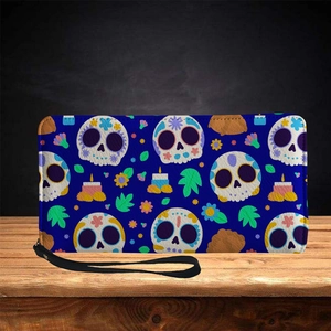 Blue PU leather long wallet with sugar skull and floral patterns including a wrist strap