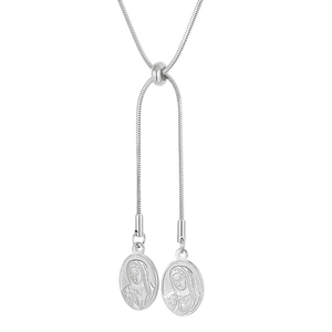 Silver stainless steel Y-necklace with Virgin Mary oval relief pendant and snake chain