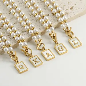 Women Square Shell Initial Letter Pendant Necklace 18K Gold Plated Stainless Steel Imitation Artificial Pearl OT Toggle Clasp
