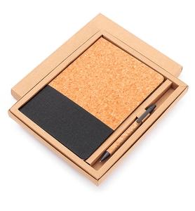 Eco-friendly cork A5 notebook and matching pen gift set on a clean white background