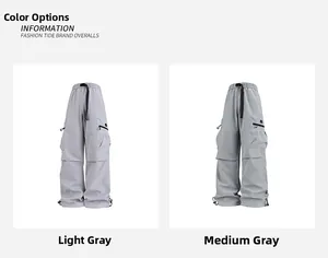 Detalle de los pantalones cargo de pierna ancha gris claro y gris medio con cordones