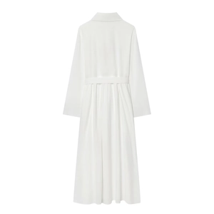 Elegant white long-sleeve midi dress featuring a matching waist belt on a plain background