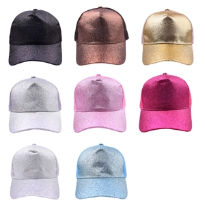 Multi-colored sequin baseball caps with glitter texture and mesh back in eight vibrant shades