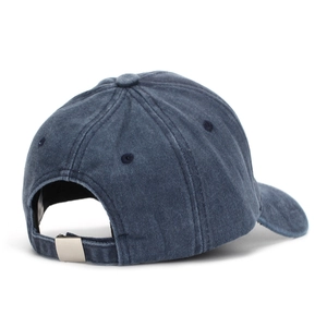 Navy blue washed cotton baseball cap featuring an adjustable strap with a metal buckle back
