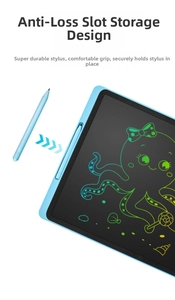Detail of 12-inch LCD writing tablet showing the stylus pen slot and colorful octopus drawing