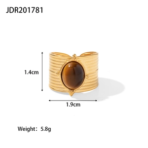 Detail view of adjustable 18K gold-plated wide ring with tiger eye stone and size specs