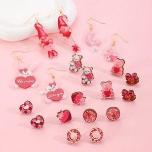 Valentine's themed acrylic and wood earring set with cute animal and heart designs