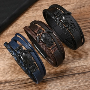 Vintage mehrlagige geflochtene Lederarmbänder mit Schildkröte in Blau, Braun und Schwarz