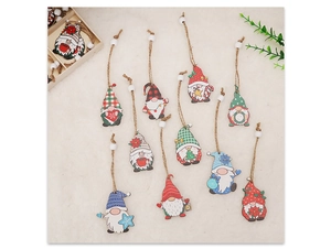 Detailed view of twelve colorful Christmas wooden gnome ornaments on white plush background