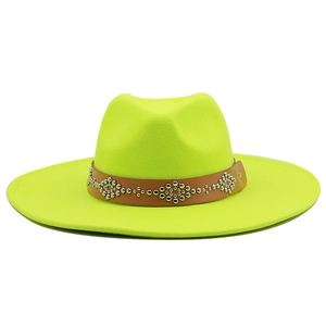 Detail of neon green fedora hat featuring a brown leather band with silver metal studs