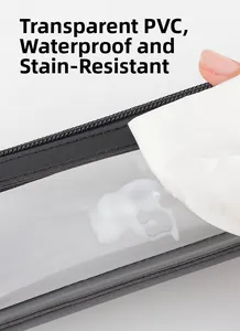 Close-up of waterproof transparent PVC pouch being wiped clean with a tissue