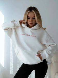 Loose white oversized hoodie with red love embroidery and kangaroo pocket for women