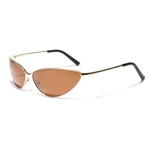 Y2K futuristic cat-eye sunglasses with gold metal frame and tinted brown lenses
