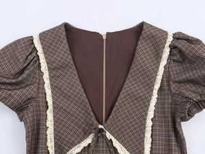 Detail view of plaid dress featuring hidden back zipper and delicate lace trim on collar