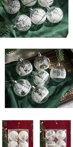 Detail of transparent Christmas ball with white snowy house patterns and silver hanging cap