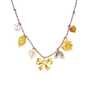 Bohemian colorful woven rope necklace with pearl bow and rainbow ceramic charms