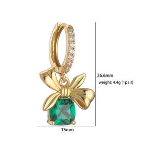 Gold bow earrings with green square gemstone and small diamonds, 26.6mm height size