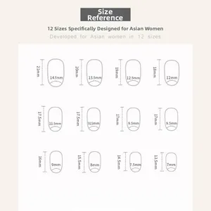Size chart showing 12 different dimensions for vintage red bow press-on nails
