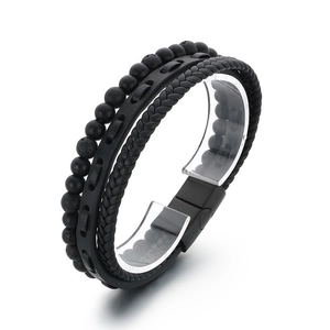 Bracciale punk multistrato in pelle da uomo con perline occhio di tigre e chiusura nera