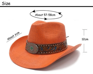 Size chart for western straw cowboy hat showing 58cm circumference and 8cm wide brim
