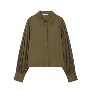 Women Blouse Shirt Pleated Puff Sleeve Solid Color Polyester Casual Fashion Point Collar Long Sleeve Tops