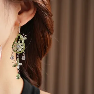 Elegant zircon flower butterfly tassel drop earrings with green and white crystals