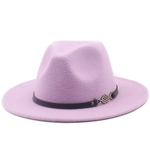 Classic lavender wool fedora with wide brim and black leather silver chain band