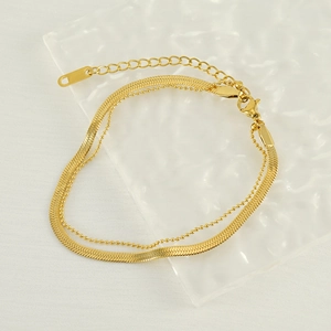 Double-layered 18k gold snake and bead chain anklet in polished stainless steel for women