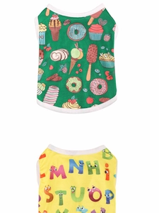 Detail view of summer pet vests featuring green dessert print and yellow cartoon graphics