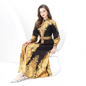 Elegant baroque print long-sleeve maxi dress with stand collar and waist belt