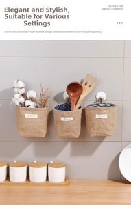 Cotton linen fabric hanging storage bag detail view, wall mounted organizer for room.