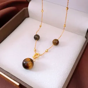 Vintage tiger eye round pendant necklace with golden bead chain in luxury gift box