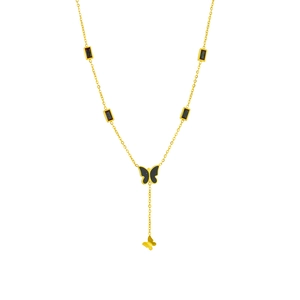 Titanium steel necklace with black butterfly pendant and rectangular zircon accents