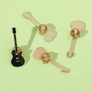 Vintage black electric guitar enamel brooch pin with gold metal butterfly clasp backing
