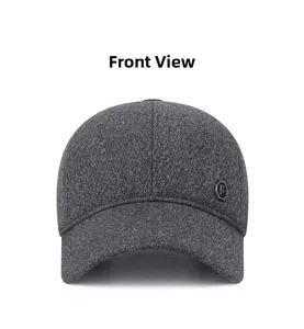 Front view of grey wool baseball cap showing fine knit texture and metal octagon logo
