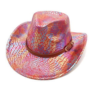 Detail of colorful snakeskin texture and brown leather strap on Western cowboy hat