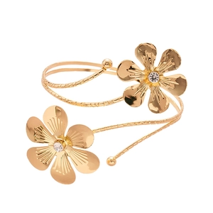 Golden flower open cuff bracelet with sparkling rhinestones and spiral metal texture