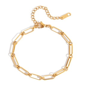 Dettaglio del bracciale a maglie rettangolari dorate con chiusura regolabile e targhetta