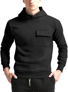 Close-up of black hoodie featuring a 3D chest pocket with flap and textured knit fabric