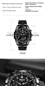 Détails d'une montre à quartz étanche de 46 mm avec aiguilles lumineuses et calendrier