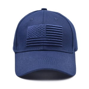 Navy blue cotton baseball cap with embroidered American flag in 6-panel tactical style
