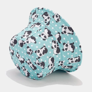 Light blue reversible bucket hat with white polka dots and cute cartoon panda illustrations