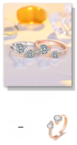 Detail of S925 sterling silver adjustable ring featuring double heart-shaped zircons