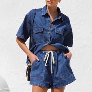 Women Denim Summer Outfit Short Sleeve Button Up Shirt And Elastic Drawstring Shorts Retro Loose Casual Streetwear Fashion