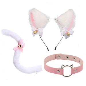 Three-piece set of white and pink faux fur cat ears headband, tail and choker collar